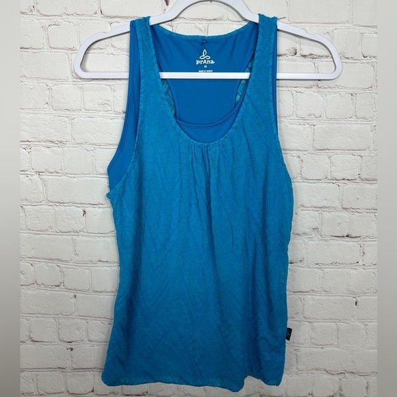 Prana blue Geometric Burnout Print Layered Scoop Neck Mika Fitness Top, sz‎ M - Picture 1 of 6